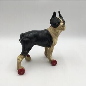 Vintage Cast Iron Boston Terrier Bank Door Stop on Wheels